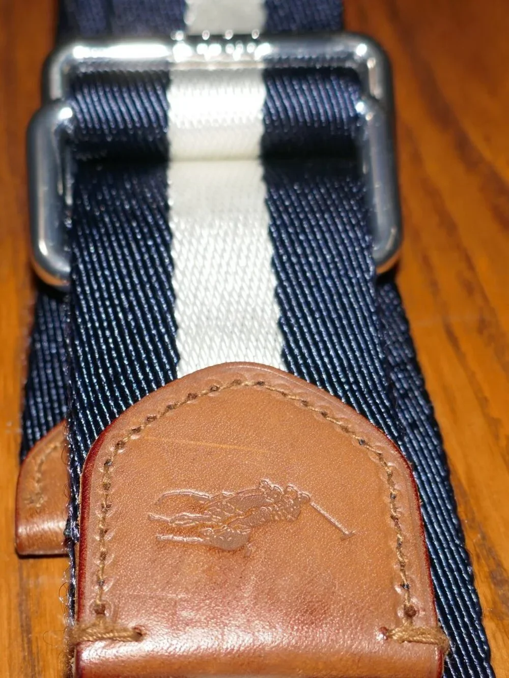 Polo Ralph Lauren Navy and White Striped Fabric Webbed Belt Leather Trim 42